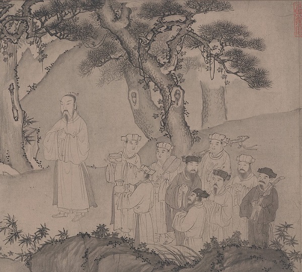 Vua Trần Anh Tông cùng các quan nghênh đón Thượng hoàng Trần Nhân Tông. Ảnh cắt từ bức họa đại tác "Trúc Lâm đại sĩ xuất sơn đồ".